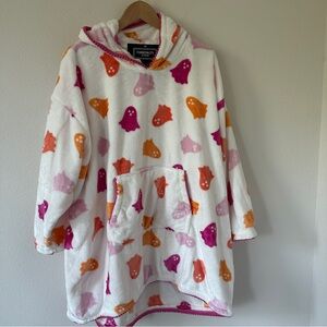 Women’s Pink, Orange Ghost Halloween Patterned Hooded Blanket Sweatshirt